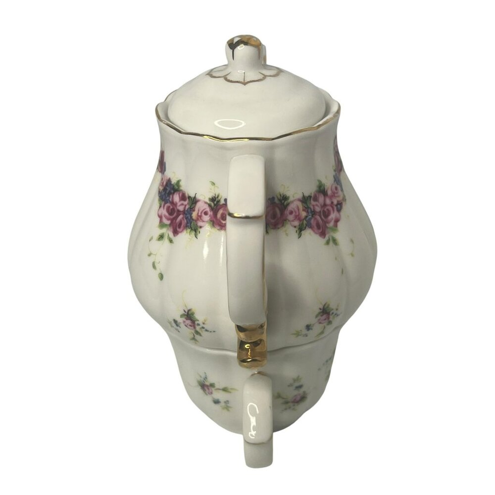 Vintage Floral Porcelain Stacking Teapot and Teacup Set with Gold Accents - Picture 8 of 11